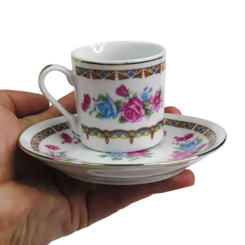 1980s Vintage Floral Teacup & Saucer Set Pink Blue China Decor Cottagecore
